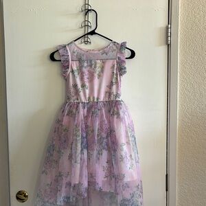 Girls Floral Pink and Purple Dress with Ruffle Sleeves